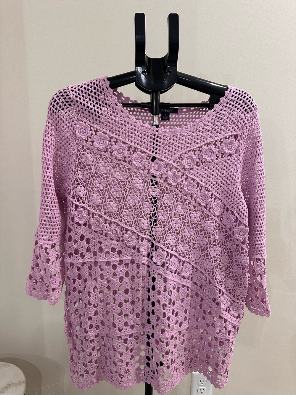 Roaman's Lavender Crochet Lace Knit Sweater